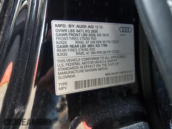 2019 Audi Q8 Premium z VIN WA1AVAF14KD021421, wystawiony jako Copart lot #88625195 z przebiegiem Nie podano mil oraz Szkoda całkowita • Salvage title. Historia ofert i sprzedaży dostępna na DreamBid. Obrazek 14.