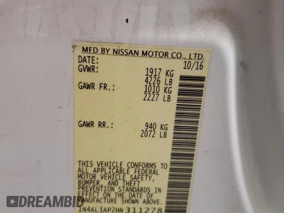 2017 Nissan Altima SR with VIN 1N4AL3AP2HN311278, listed as a Copart auction lot 56171115 with 160,202 mi miles and Salvage title. Bid and sale history available at DreamBid. Image 13.