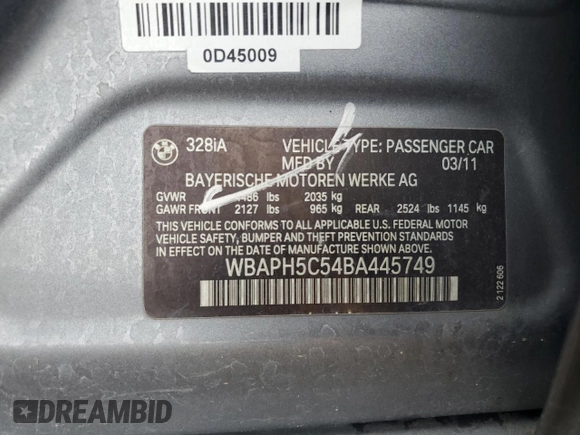 2011 BMW 3 Series 328i with VIN WBAPH5C54BA445749, listed as a Copart auction lot 55061135 with 124,159 mi miles and Salvage title. Bid and sale history available at DreamBid. Image 13.