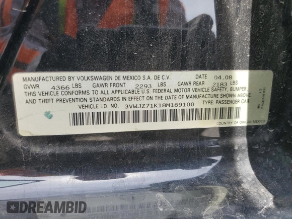 2008 Volkswagen Jetta Sedan S with VIN 3VWJZ71K18M169100, listed as a Copart auction lot 48171255 with 101,138 mi miles and Salvage Title. Bid and sale history available at carsss.com. Image 14.