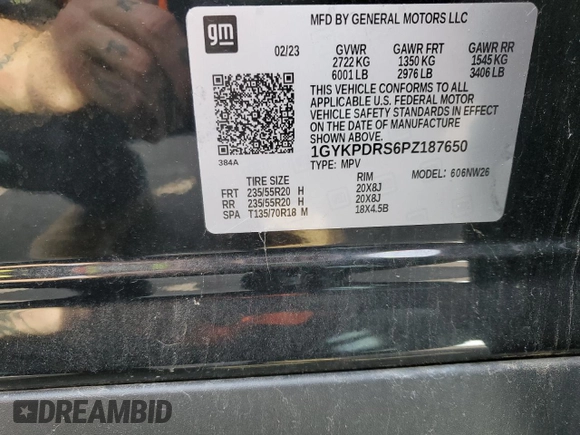 2023 Cadillac XT6 AWD Premium Luxury with VIN 1GYKPDRS6PZ187650, listed as a Copart auction lot 54235305 with Not provided miles and Non repairable. Bid and sale history available at DreamBid. Image 14.