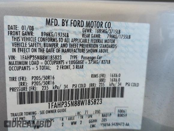 2008 Ford Focus SE с VIN 1FAHP35N88W185823, выставлен на аукционе Copart как лот 58258765 с пробегом 169 844 миль миль и Чистый • Clean title. История ставок и продаж доступна на DreamBid. Изображение 12.