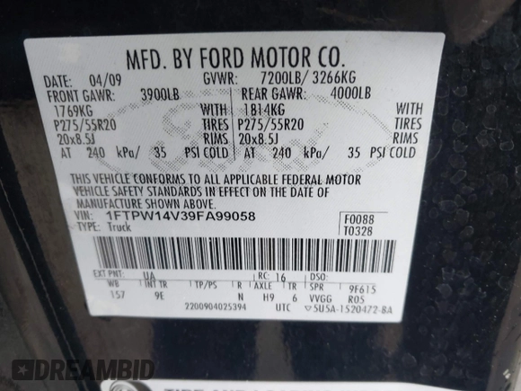 2009 Ford F-150 XL z VIN 1FTPW14V39FA99058, wystawiony jako IAAI lot #42300326 z przebiegiem 198 000 mil mil oraz . Historia ofert i sprzedaży dostępna na DreamBid. Obrazek 9.