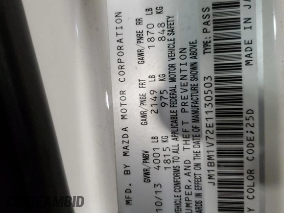 2014 Mazda 3 i Touring with VIN JM1BM1V72E1130503, listed as a Copart auction lot 62290795 with 189,151 mi miles and Salvage title. Bid and sale history available at DreamBid. Image 12.