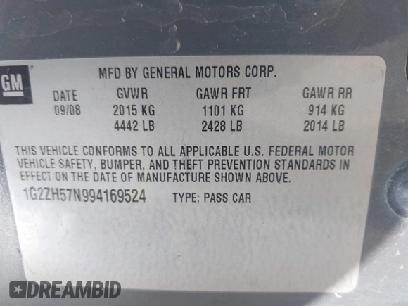 2009 Pontiac G6 GT 1SA with VIN 1G2ZH57N994169524, listed as a IAAI auction lot 42623558 with 234,889 mi miles and . Bid and sale history available at DreamBid. Image 9.