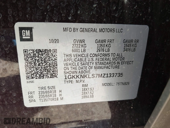 2021 GMC Acadia SLE with VIN 1GKKNKLS7MZ133735, listed as a IAAI auction lot 41065868 with 75,718 mi miles and . Bid and sale history available at DreamBid. Image 9.
