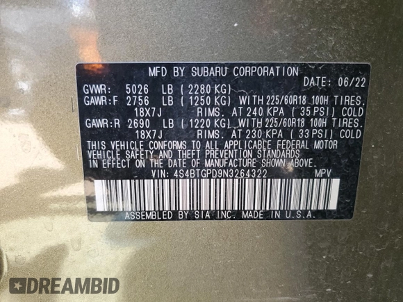 2022 Subaru Outback Touring XT with VIN 4S4BTGPD9N3264322, listed as a Copart auction lot 47505665 with 45,331 mi miles and Salvage title. Bid and sale history available at DreamBid. Image 13.