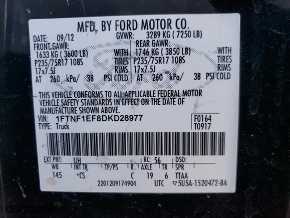 2013 Ford F-150 XL with VIN 1FTNF1EF8DKD28977, listed as a Copart auction lot 88027585 with 150,373 mi miles and Salvage Title. Bid and sale history available at carsss.com. Image 12.