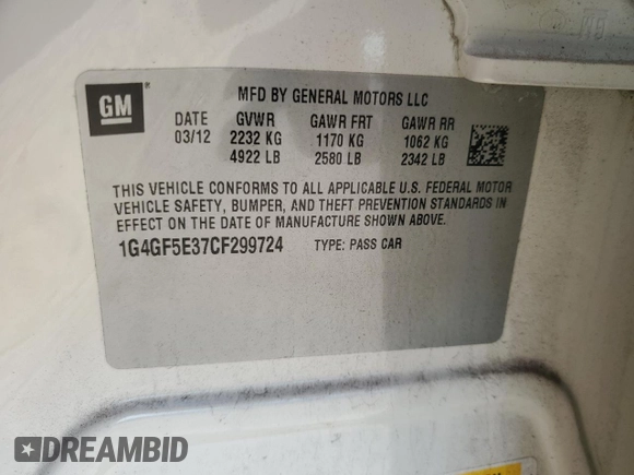 2012 Buick LaCrosse Premium 2 with VIN 1G4GF5E37CF299724, listed as a Copart auction lot 86262264 with 56,964 mi miles and Salvage Title. Bid and sale history available at carsss.com. Image 12.