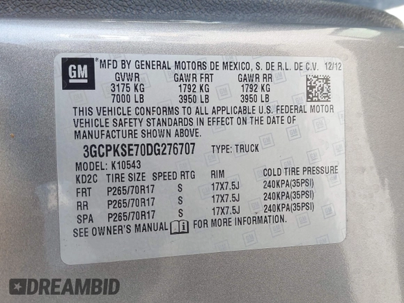 2013 Chevrolet Silverado 1500 LT with VIN 3GCPKSE70DG276707, listed as a IAAI auction lot 41831822 with 127,307 mi miles and . Bid and sale history available at DreamBid. Image 9.