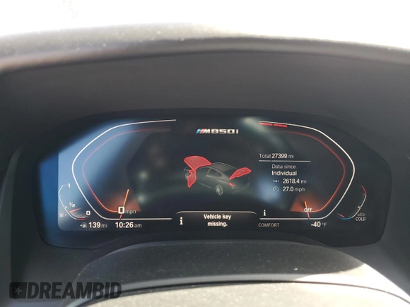 2021 BMW 8 Series M850i with VIN WBAGV8C00MCF55108, listed as a Copart auction lot 56305084 with 27,399 mi miles and Salvage Title. Bid and sale history available at DreamBid. Image 9.