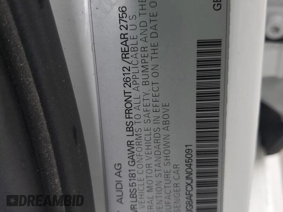 2018 Audi A6 Premium Plus with VIN WAUG8AFCXJN045091, listed as a Copart auction lot 58022345 with 70,815 mi miles and Salvage title. Bid and sale history available at DreamBid. Image 12.