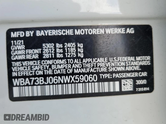 2022 BMW 5 Series 540i xDrive with VIN WBA73BJ06NWX59060, listed as a Copart auction lot 52142645 with 33,678 mi miles and Salvage title. Bid and sale history available at DreamBid. Image 12.