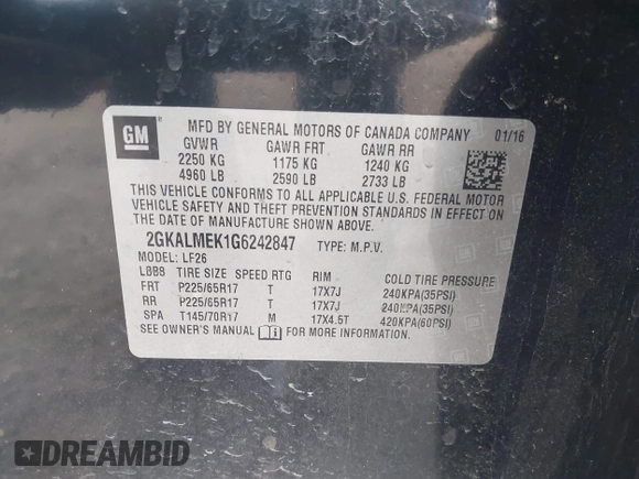 2016 GMC Terrain SLE with VIN 2GKALMEK1G6242847, listed as a IAAI auction lot 41524613 with 88,828 mi miles and . Bid and sale history available at carsss.com. Image 9.