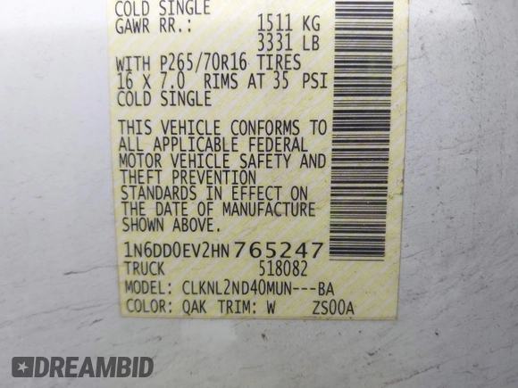 2017 Nissan Frontier SV with VIN 1N6DD0EV2HN765247, listed as a IAAI auction lot 41017764 with 141,942 mi miles and . Bid and sale history available at DreamBid. Image 9.
