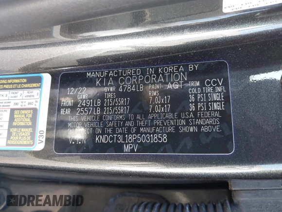 2023 Kia Niro Wave with VIN KNDCT3L18P5031858, listed as a IAAI auction lot 41635703 with 12,558 mi miles and . Bid and sale history available at DreamBid. Image 9.