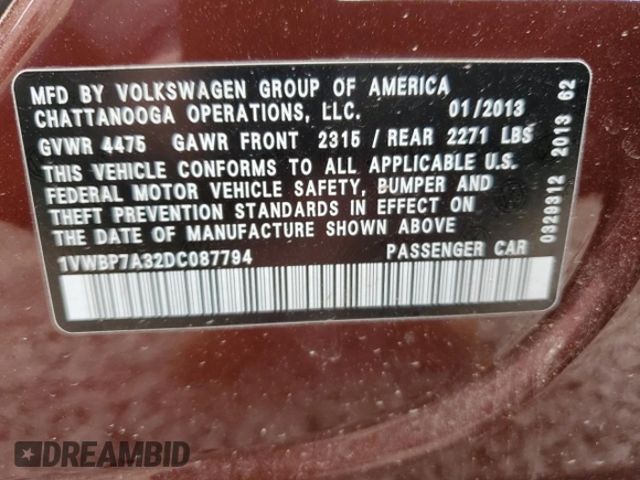 2013 Volkswagen Passat SE with VIN 1VWBP7A32DC087794, listed as a Copart auction lot 52509825 with 142,359 mi miles and Non repairable. Bid and sale history available at DreamBid. Image 13.