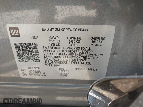 2024 Buick Encore GX Sport Touring with VIN KL4AMDSL1RB184318, listed as a IAAI auction lot 42643312 with 27,844 mi miles and . Bid and sale history available at DreamBid. Image 9.