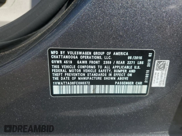 2015 Volkswagen Passat Limited Edition Edition с VIN 1VWAT7A36FC098372, выставлен на аукционе Copart как лот 62007255 с пробегом 147 557 миль миль и Чистый • Clean title. История ставок и продаж доступна на DreamBid. Изображение 12.