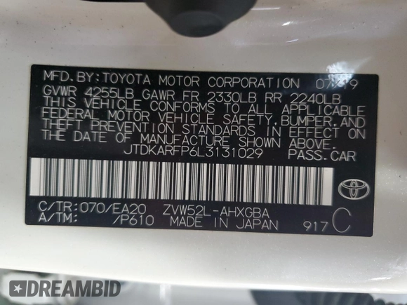 2020 Toyota Prius LE with VIN JTDKARFP6L3131029, listed as a Copart auction lot 59890525 with 155,425 mi miles and Salvage title. Bid and sale history available at DreamBid. Image 13.