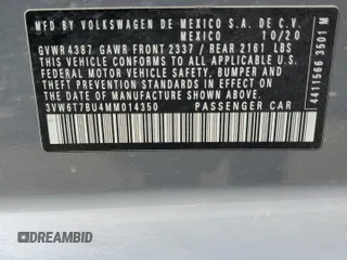2021 Volkswagen Jetta GLI S with VIN 3VW6T7BU4MM014350, listed as a Copart auction lot 50864375 with 70,733 mi miles and Salvage Title. Bid and sale history available at DreamBid. Image 12.