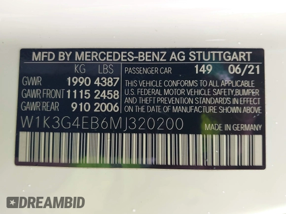 2021 Mercedes-Benz A 220 with VIN W1K3G4EB6MJ320200, listed as a IAAI auction lot 41752183 with 39,514 mi miles and . Bid and sale history available at DreamBid. Image 9.