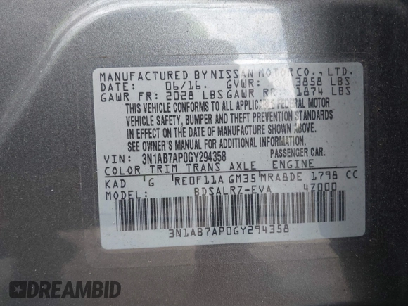 2016 Nissan Sentra SV with VIN 3N1AB7AP0GY294358, listed as a IAAI auction lot 41600211 with 82,798 mi miles and . Bid and sale history available at DreamBid. Image 9.