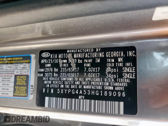 2017 Kia Sorento LX with VIN 5XYPG4A53HG189096, listed as a Copart auction lot 63436585 with 185,628 mi miles and Salvage title. Bid and sale history available at DreamBid. Image 13.
