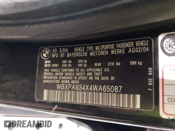 2004 BMW X3 3.0i z VIN WBXPA934X4WA65087, wystawiony jako IAAI lot #42096318 z przebiegiem 175 859 mil mil oraz . Historia ofert i sprzedaży dostępna na DreamBid. Obrazek 9.