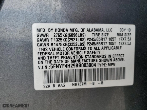 2011 Honda Pilot LX with VIN 5FNYF4H29BB003904, listed as a Copart auction lot 47729005 with 225,463 mi miles and Salvage Title. Bid and sale history available at carsss.com. Image 15.