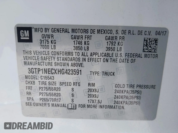 2017 GMC Sierra 1500 SLT with VIN 3GTP1NECXHG423591, listed as a IAAI auction lot 41509177 with 100,071 mi miles and . Bid and sale history available at DreamBid. Image 9.