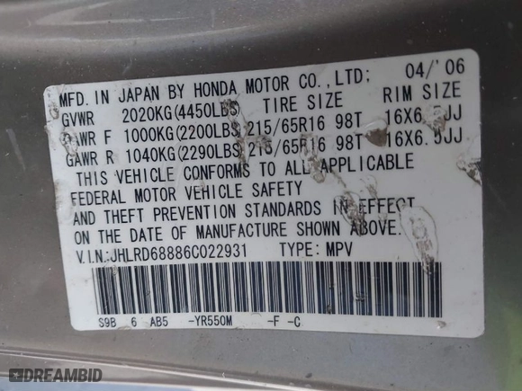 2006 Honda CR-V EX with VIN JHLRD68886C022931, listed as a IAAI auction lot 41495559 with 176,456 mi miles. Bid and sale history available at carsss.com. Image 9.