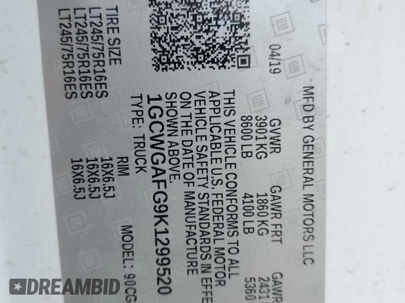 2019 Chevrolet Express Cargo z VIN 1GCWGAFG9K1299520, wystawiony jako Copart lot #60213205 z przebiegiem 116 068 mil mil oraz Szkoda całkowita • Salvage title. Historia ofert i sprzedaży dostępna na DreamBid. Obrazek 13.