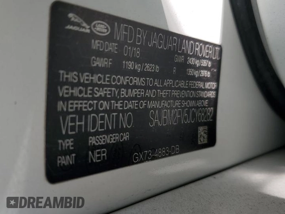 2018 Jaguar XF with VIN SAJBM2FV5JCY68282, listed as a Copart auction lot 71330564 with 53,741 mi miles and Salvage Title. Bid and sale history available at DreamBid. Image 12.