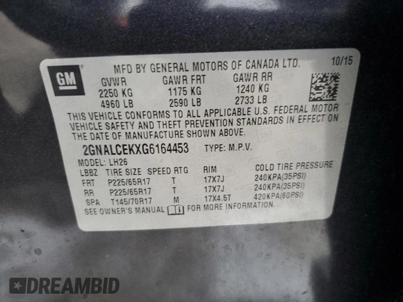 2016 Chevrolet Equinox LT with VIN 2GNALCEKXG6164453, listed as a Copart auction lot 47832975 with 152,056 mi miles and Salvage Title. Bid and sale history available at carsss.com. Image 13.