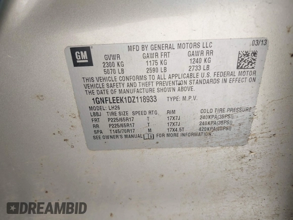 2013 Chevrolet Equinox LT with VIN 1GNFLEEK1DZ118933, listed as a IAAI auction lot 42026032 with 145,466 mi miles and . Bid and sale history available at DreamBid. Image 9.