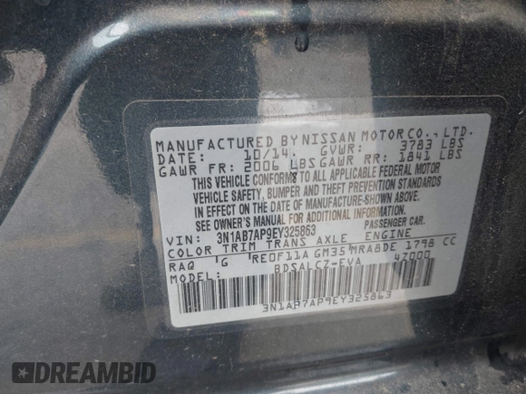 2014 Nissan Sentra S with VIN 3N1AB7AP9EY325863, listed as a IAAI auction lot 42045975 with 143,808 mi miles and . Bid and sale history available at DreamBid. Image 9.