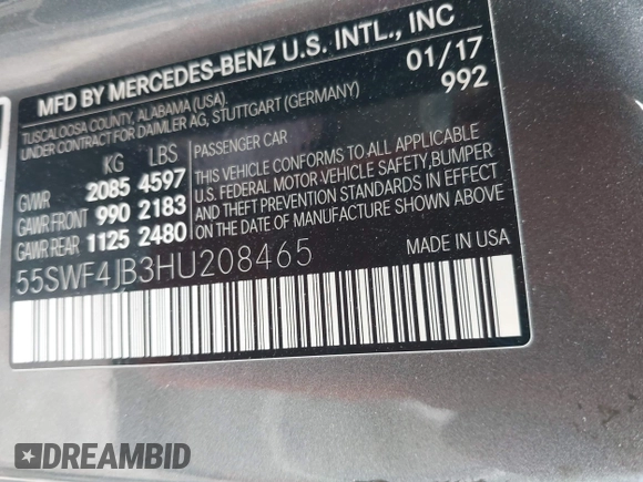 2017 Mercedes-Benz C 300 with VIN 55SWF4JB3HU208465, listed as a IAAI auction lot 42129983 with 123,710 mi miles and . Bid and sale history available at DreamBid. Image 9.