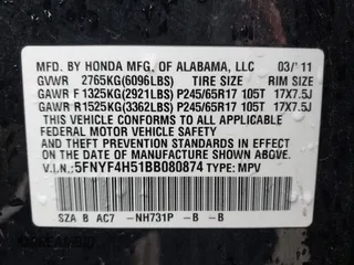 2011 Honda Pilot EX-L with VIN 5FNYF4H51BB080874, listed as a IAAI auction lot 42034400 with 194,080 mi miles and . Bid and sale history available at carsss.com. Image 9.