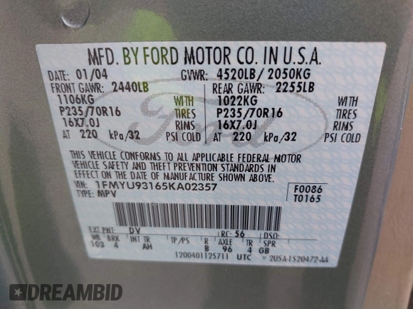 2005 Ford Escape XLT with VIN 1FMYU93165KA02357, listed as a IAAI auction lot 42858975 with 119,905 mi miles and . Bid and sale history available at DreamBid. Image 9.