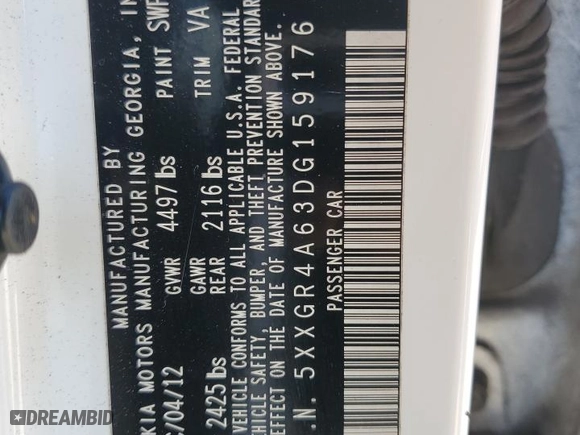 2013 Kia Optima SX w/Limited Pkg with VIN 5XXGR4A63DG159176, listed as a Copart auction lot 46839775 with 163,483 mi miles and Salvage Title. Bid and sale history available at carsss.com. Image 13.