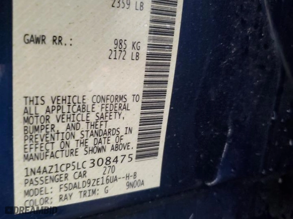 2020 Nissan LEAF SV with VIN 1N4AZ1CP5LC308475, listed as a Copart auction lot 85237054 with 21,399 mi miles and Salvage Title. Bid and sale history available at carsss.com. Image 12.
