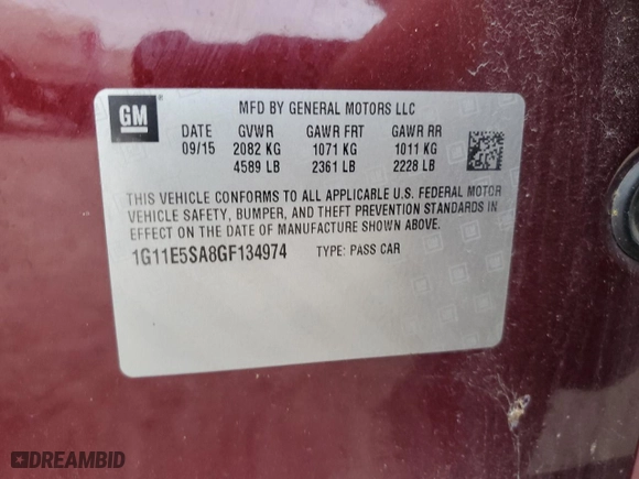 2016 Chevrolet Malibu Limited LTZ with VIN 1G11E5SA8GF134974, listed as a Copart auction lot 51835415 with 112,488 mi miles and Salvage Title. Bid and sale history available at carsss.com. Image 15.