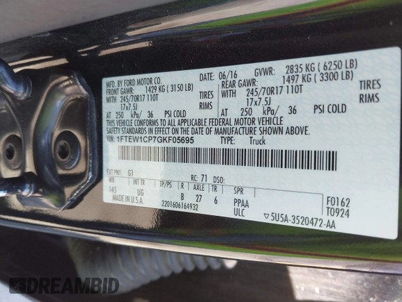 2016 Ford F-150 XL with VIN 1FTEW1CP7GKF05695, listed as a IAAI auction lot 42673645 with 134,368 mi miles and . Bid and sale history available at DreamBid. Image 9.