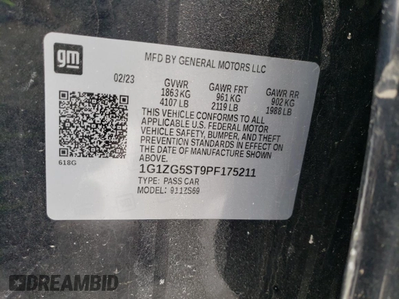 2023 Chevrolet Malibu RS with VIN 1G1ZG5ST9PF175211, listed as a Copart auction lot 45693125 with Not Provided miles and Salvage Title. Bid and sale history available at DreamBid. Image 12.