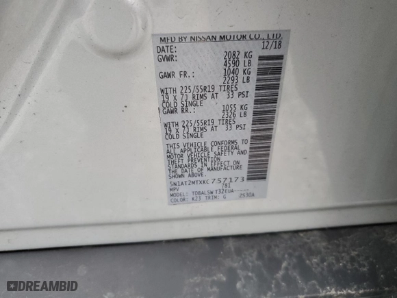2019 Nissan Rogue SL with VIN 5N1AT2MTXKC757173, listed as a Copart auction lot 51873085 with 83,190 mi miles and Salvage Title. Bid and sale history available at carsss.com. Image 15.