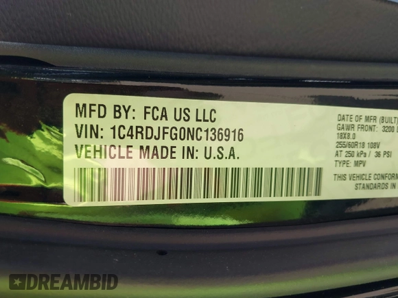 2022 Dodge Durango Special Service with VIN 1C4RDJFG0NC136916, listed as a IAAI auction lot 42187871 with 81,050 mi miles and . Bid and sale history available at DreamBid. Image 9.