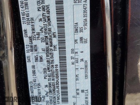 2013 Ford Escape Titanium z VIN 1FMCU0J93DUB60916, wystawiony jako Copart lot #61692595 z przebiegiem 169 691 mil mil oraz Szkoda całkowita • Salvage title. Historia ofert i sprzedaży dostępna na DreamBid. Obrazek 13.