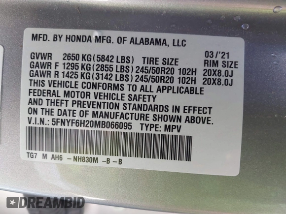 2021 Honda Pilot Special Edition with VIN 5FNYF6H20MB066095, listed as a IAAI auction lot 41863123 with 65,930 mi miles. Bid and sale history available at carsss.com. Image 9.