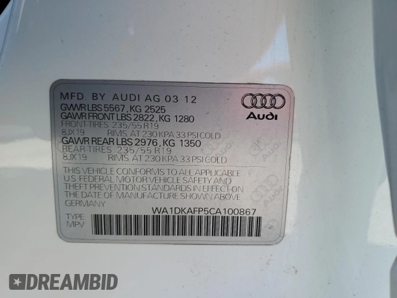 2012 Audi Q5 3.2L Premium Plus with VIN WA1DKAFP5CA100867, listed as a Copart auction lot 51688005 with 91,509 mi miles and Clean Title. Bid and sale history available at carsss.com. Image 13.